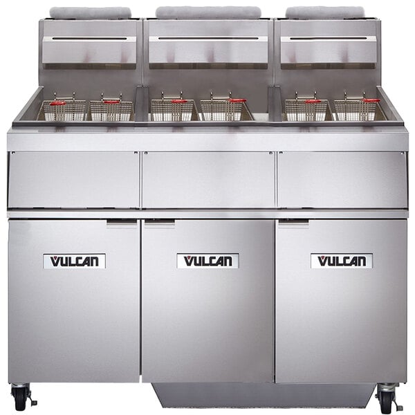 A Vulcan commercial gas floor fryer system with a silver KleenScreen.