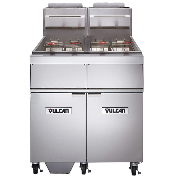 A Vulcan liquid propane gas floor fryer with two baskets inside.