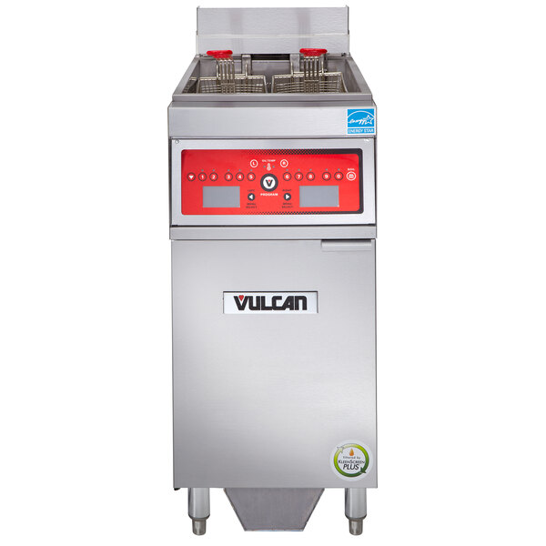 A Vulcan commercial electric floor fryer with a red and white panel with buttons and numbers.