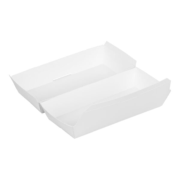 A white paper sandwich clamshell container with a hinged lid.