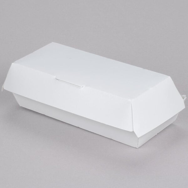 A white paper sandwich clamshell container with a lid.