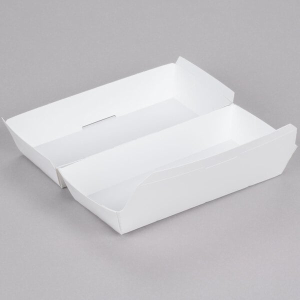 Two open white paper sandwich clamshell containers.