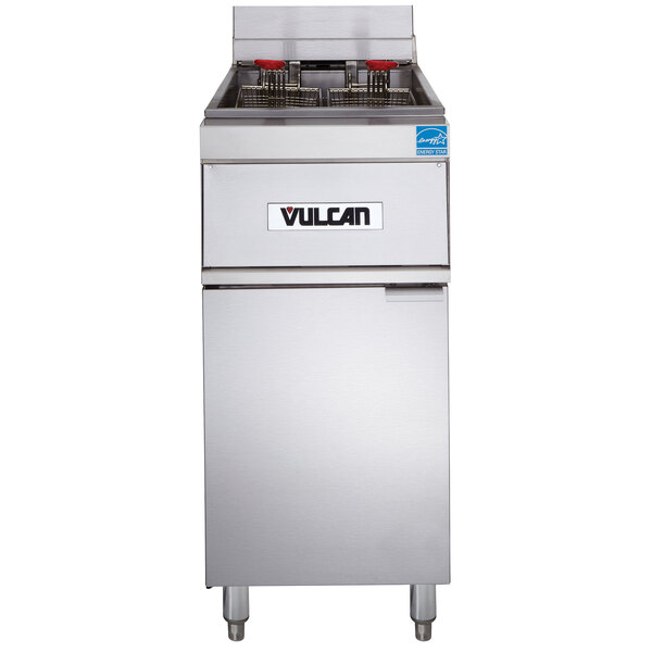 A large Vulcan commercial electric floor fryer with analog controls.