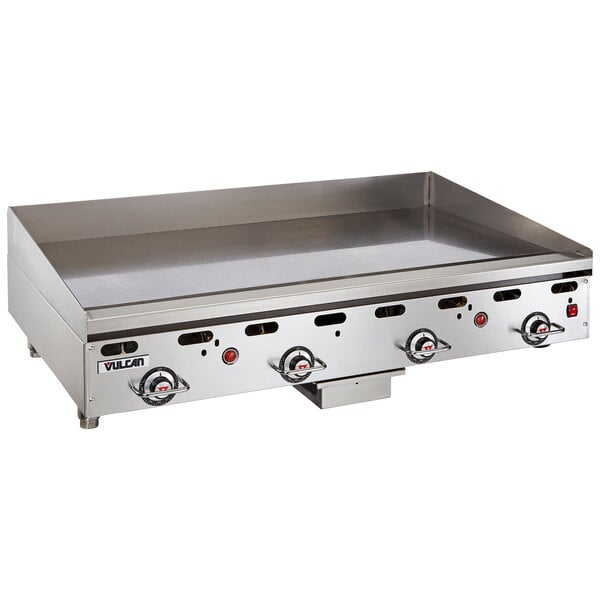 A Vulcan stainless steel natural gas griddle with thermostatic controls.