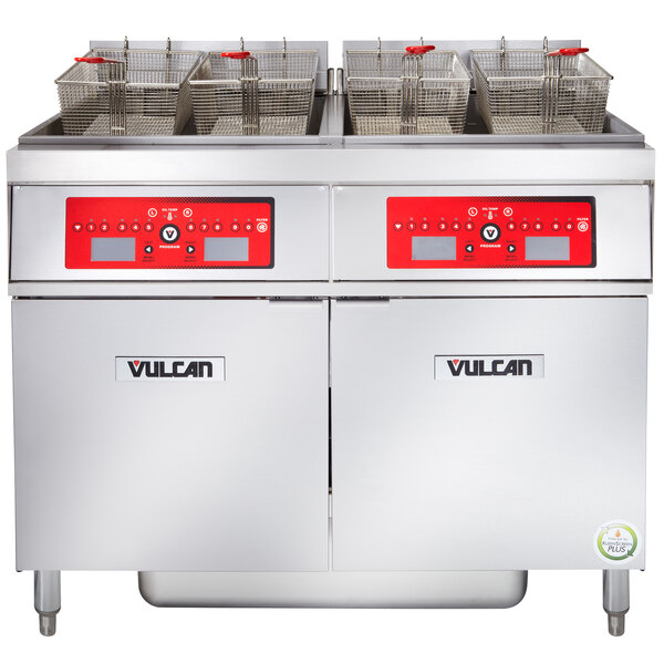 A large commercial Vulcan electric floor fryer system.