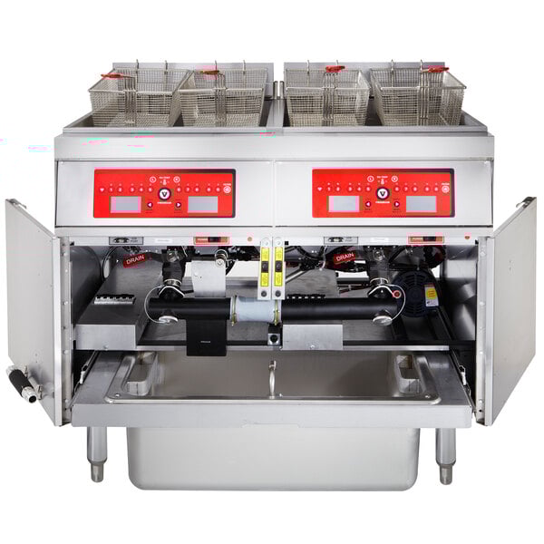A Vulcan electric floor fryer system with two fryer units and a red and black panel.