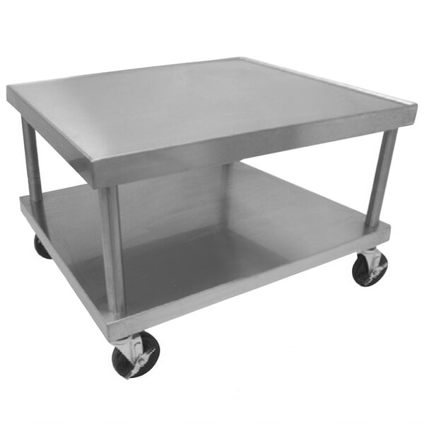 A Vulcan stainless steel metal cart with wheels.