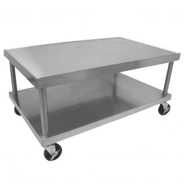 A Vulcan stainless steel metal cart with wheels.