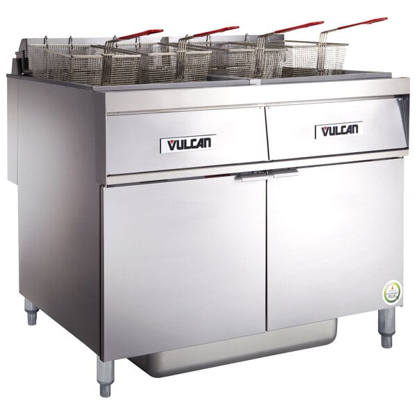 A Vulcan stainless steel electric floor fryer with baskets.