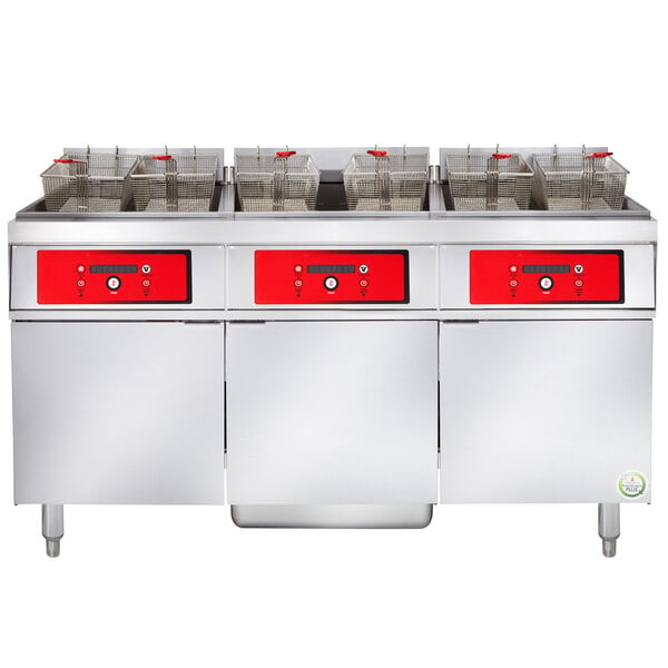 A large commercial Vulcan electric floor fryer system with three red doors and a red box with black buttons and white circles.