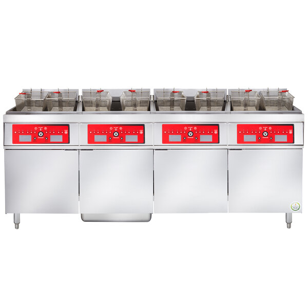 A Vulcan 4 unit electric floor fryer system with red and black panels and red lids on a counter.