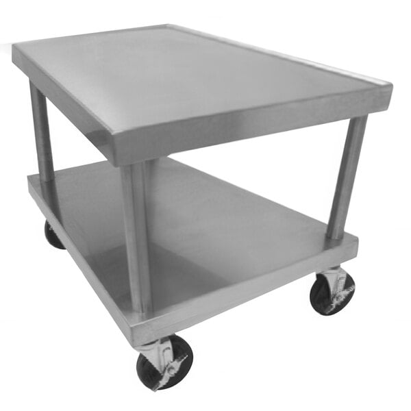 A Vulcan stainless steel mobile equipment stand with wheels.