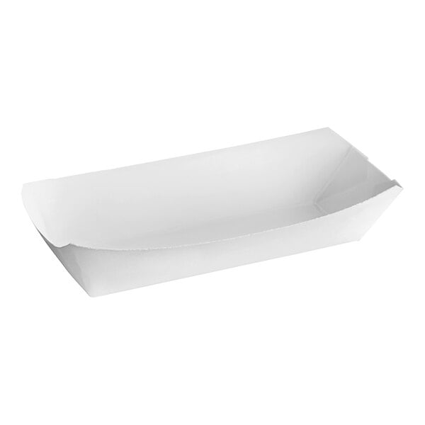 A white rectangular paper hot dog tray.