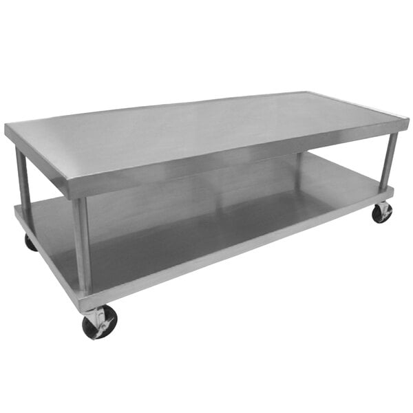 A Vulcan stainless steel mobile equipment stand with wheels.