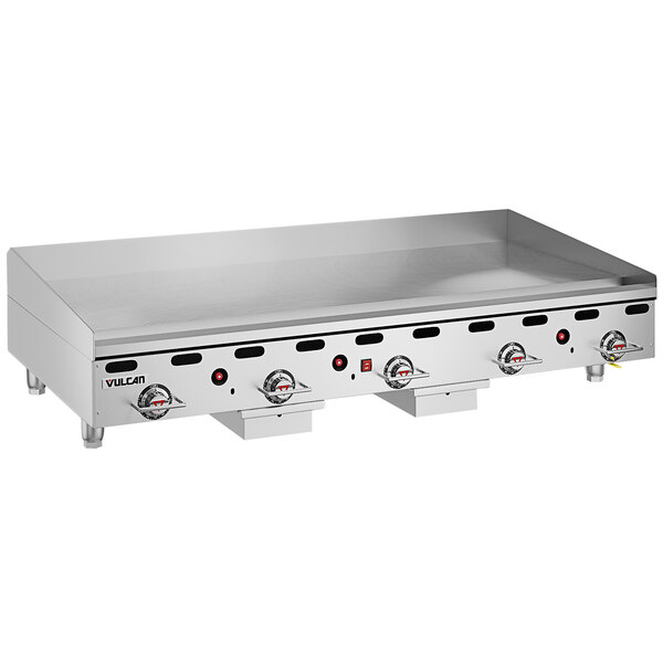 A Vulcan stainless steel liquid propane griddle with thermostatic controls on a counter.