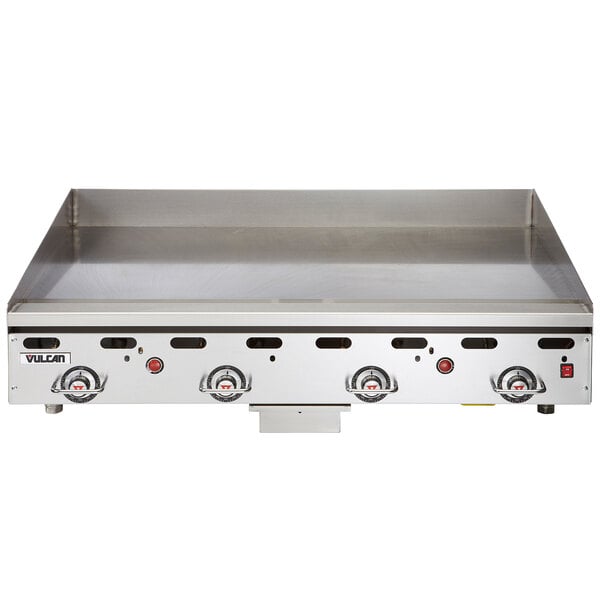 A Vulcan natural gas griddle with snap-action thermostatic controls.