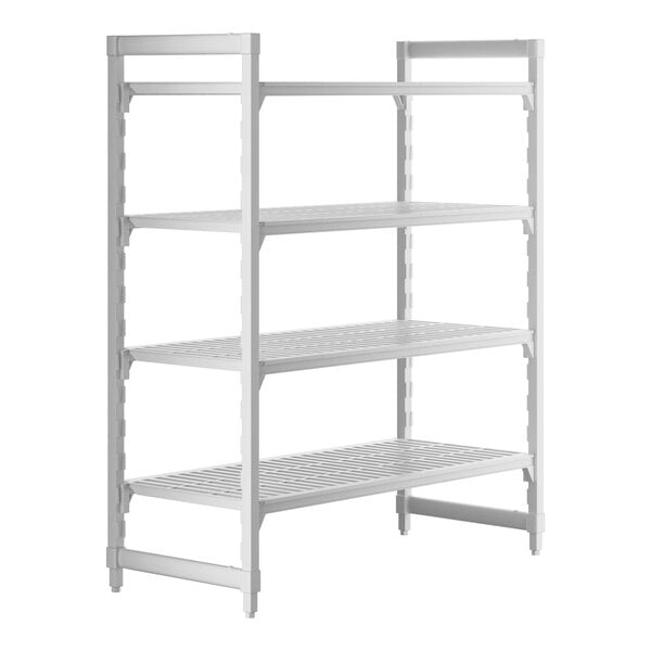 A white Cambro Camshelving® Premium shelving unit with 4 vented shelves.
