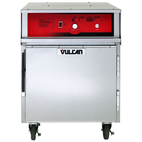 A silver and red rectangular Vulcan VCH5 cook and hold oven with a red panel.