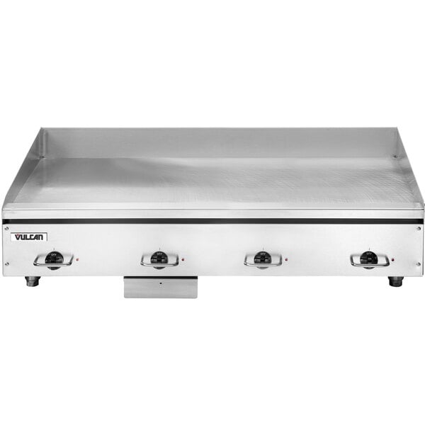 A Vulcan stainless steel electric countertop griddle with snap-action thermostatic controls.