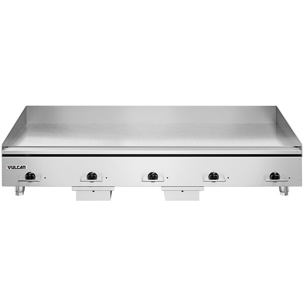 A Vulcan stainless steel electric countertop griddle with black knobs.