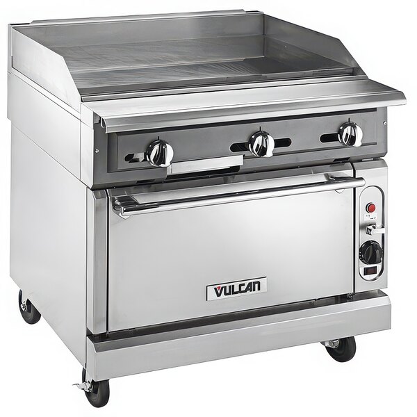 A Vulcan stainless steel liquid propane range with griddle top.