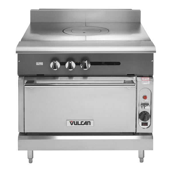 A Vulcan V Series stainless steel heavy-duty range with a French top and convection oven.