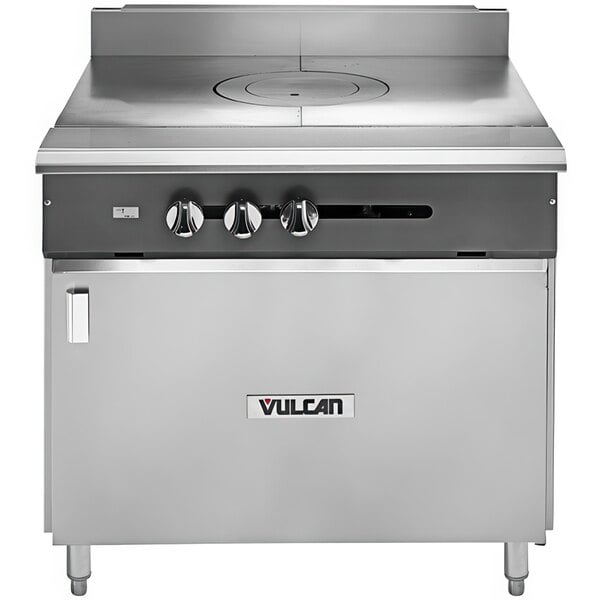 A Vulcan V series liquid propane heavy-duty range with a French top and cabinet base.