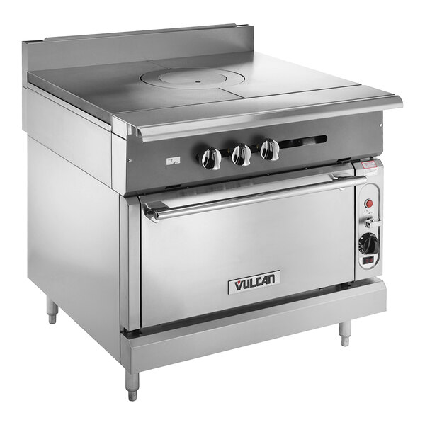 A Vulcan V Series natural gas range with a French top and convection oven.