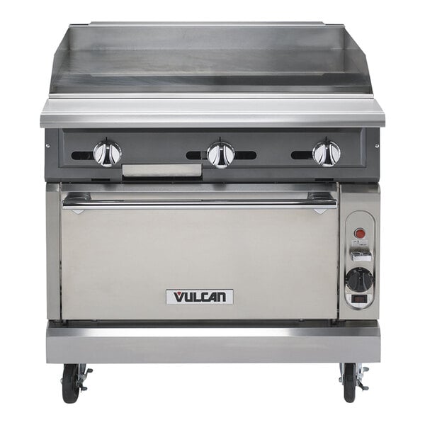 A Vulcan stainless steel commercial range with griddle top.