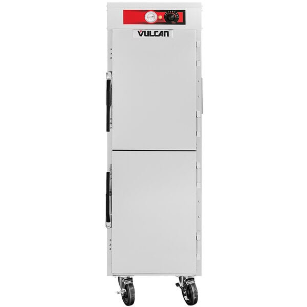 A white metal Vulcan heated holding cabinet with black handles.