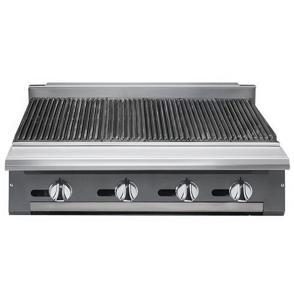 A close-up of a Vulcan stainless steel liquid propane charbroiler with four burners and knobs.