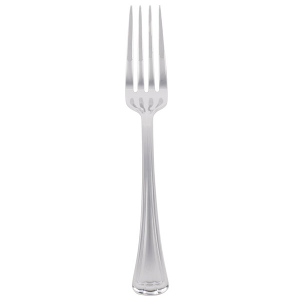 A stainless steel Libbey dinner fork with a silver handle.