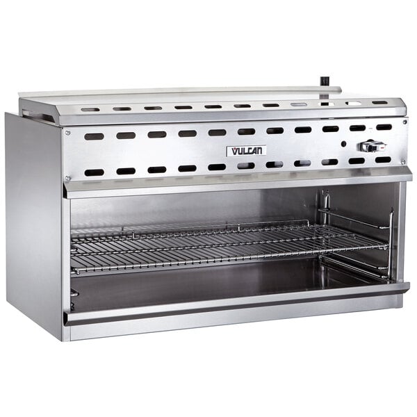 A Vulcan stainless steel cheese melter with a rack inside.