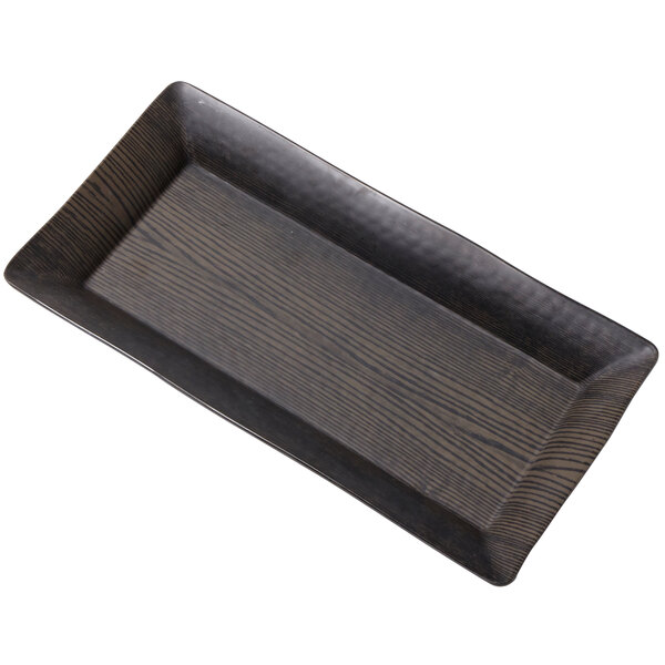 A rectangular walnut melamine tray.