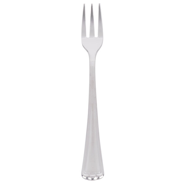 A silver fork with a white handle.