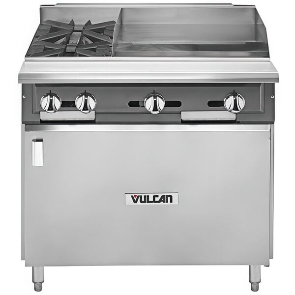 A stainless steel Vulcan V2BG24B-NAT range with a griddle on the right and a cabinet base.