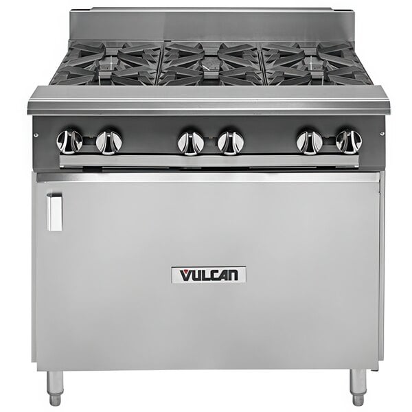 A Vulcan V series stainless steel liquid propane 6 burner range with cabinet base.