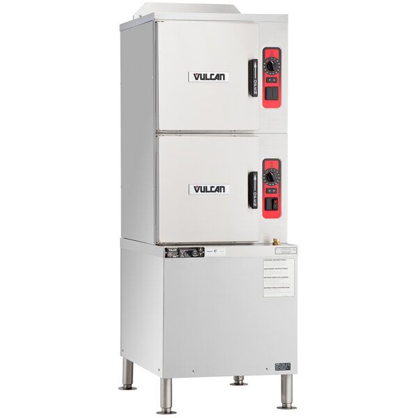 A white rectangular Vulcan steamer with red accents and a label.