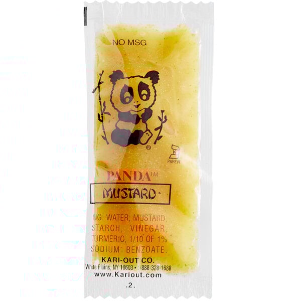 A package of Spicy Asian Mustard portion packets with a panda logo.