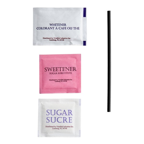 A single serving hot beverage condiment kit containing packets of whitener, sweetener, sugar, and a black stir stick.