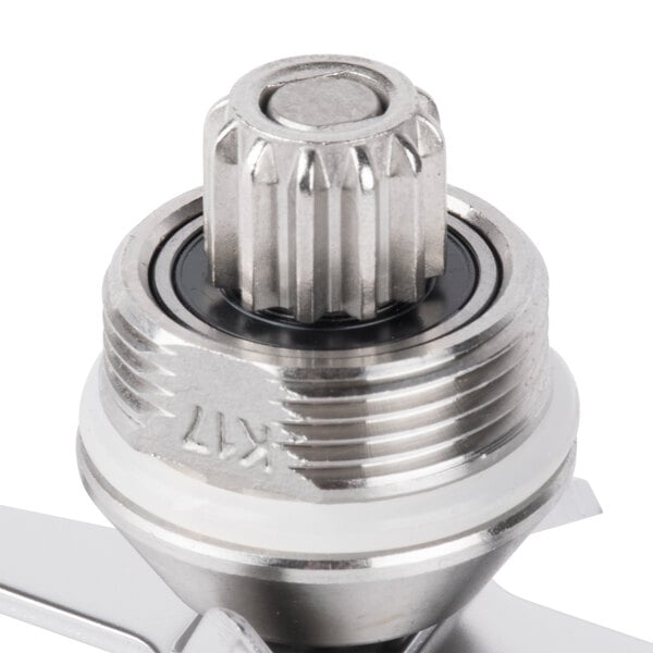 A close-up of a stainless steel AvaMix blender blade assembly with a metal nut.