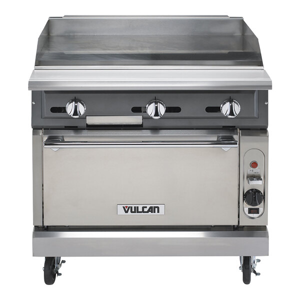 A Vulcan V Series stainless steel range with griddle top and convection oven.