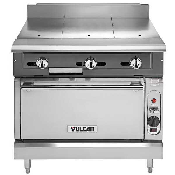 A Vulcan stainless steel V series range with a hot top and oven.