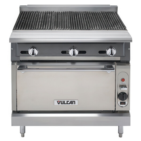 A stainless steel Vulcan liquid propane charbroiler with knobs.