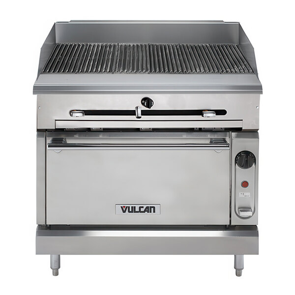 A Vulcan natural gas charbroiler with convection oven base.