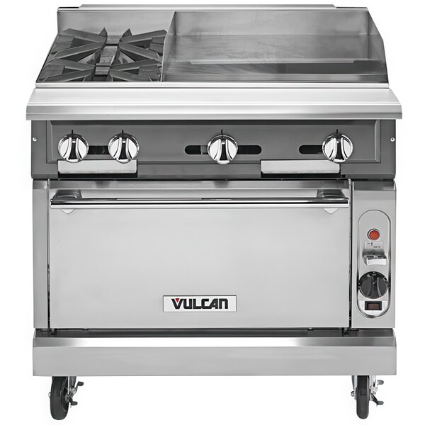 A large stainless steel Vulcan V2BG24S-LP liquid propane gas range with griddle and oven.