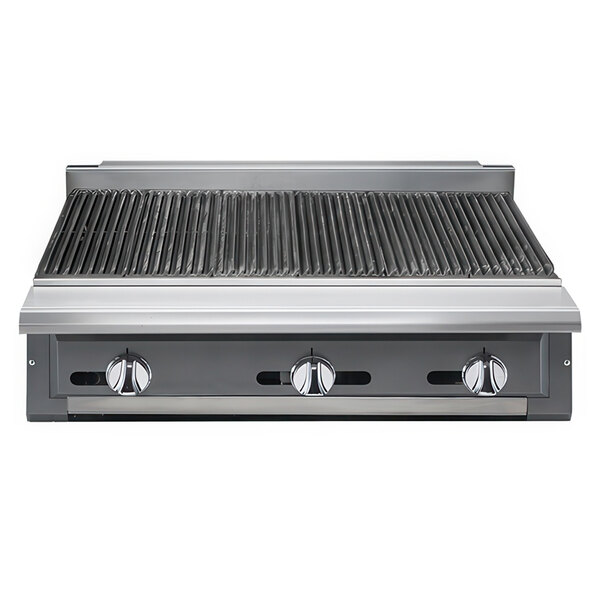 A Vulcan stainless steel liquid propane charbroiler with three radiant gas burners.