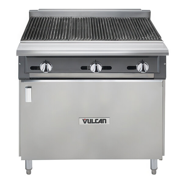 A Vulcan VCBB36B-LP charbroiler on a cabinet base with knobs and a door.