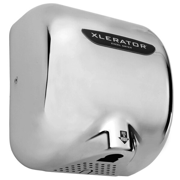 A chrome plated Excel XL-C XLERATOR hand dryer with a black label.