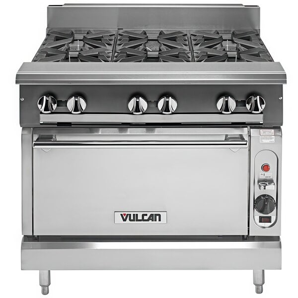 A stainless steel Vulcan V6B36C-LP 6 burner gas range with convection oven.